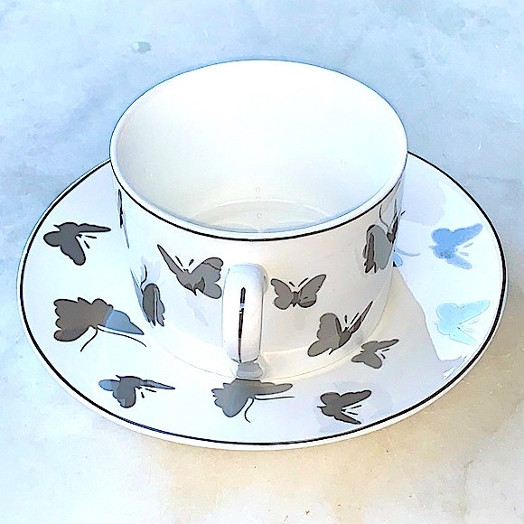 GRACES TEAWARE SILVER METALLIC BUTTERFLY’S FLAT CUP SAUCER SET NEW PORCELAIN - Picture 7 of 9